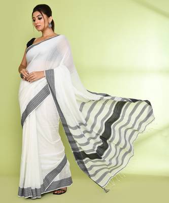 Women's white embellished cotton saree 3