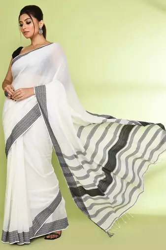 Women's white embellished cotton saree