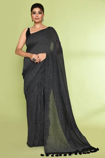 Women's black embellished checked cotton saree
