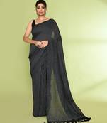 Women's black embellished checked cotton saree