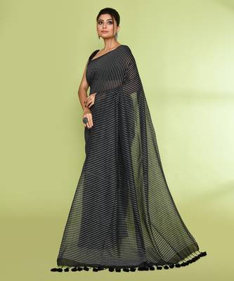 Women's black embellished checked cotton saree 2