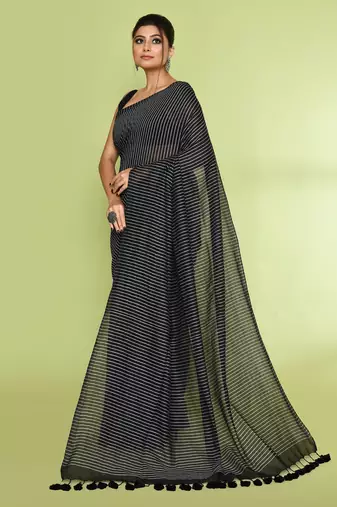 Women's black embellished checked cotton saree