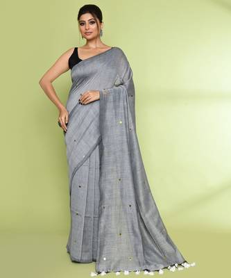 Women's silver grey embellished sequinned cotton saree 1