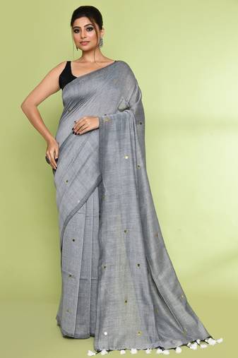 Women's silver grey embellished sequinned cotton saree