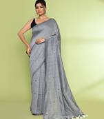 Women's silver grey embellished sequinned cotton saree