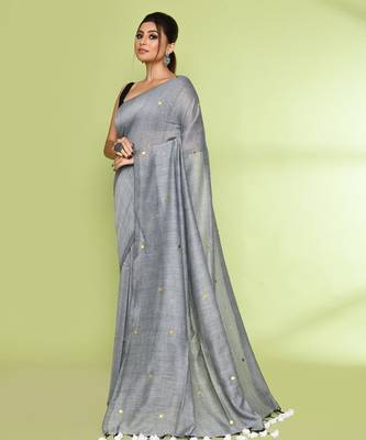 Women's silver grey embellished sequinned cotton saree 2
