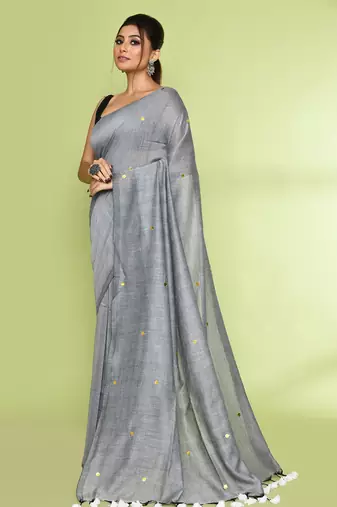 Women's silver grey embellished sequinned cotton saree