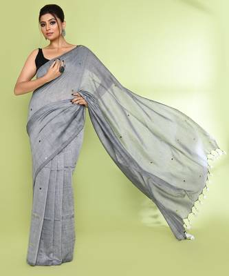 Women's silver grey embellished sequinned cotton saree 3