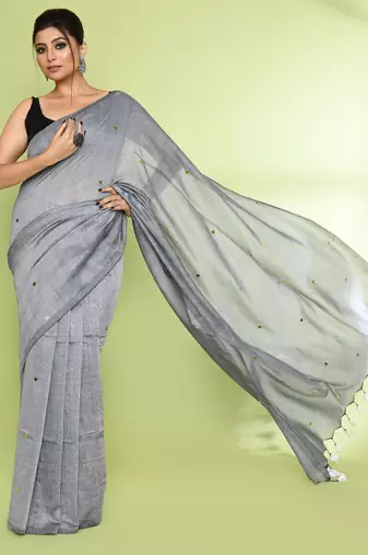 Women's silver grey embellished sequinned cotton saree