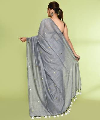 Women's silver grey embellished sequinned cotton saree 4