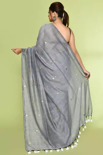 Women's silver grey embellished sequinned cotton saree