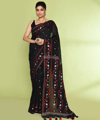 Women's black embellished jamdani cotton saree 1