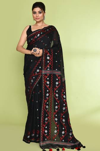 Women's black embellished jamdani cotton saree