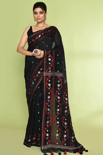 Women's black embellished jamdani cotton saree