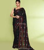 Women's black embellished jamdani cotton saree