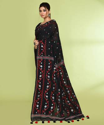 Women's black embellished jamdani cotton saree 2