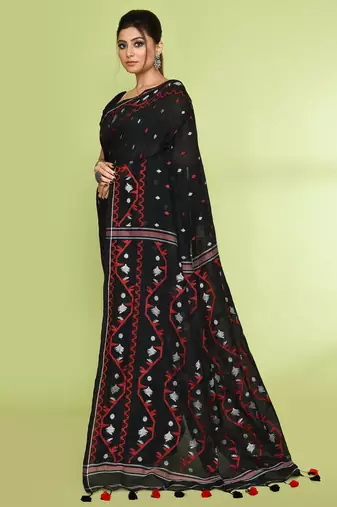Women's black embellished jamdani cotton saree