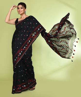 Women's black embellished jamdani cotton saree 3