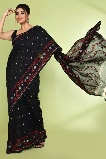 Women's black embellished jamdani cotton saree