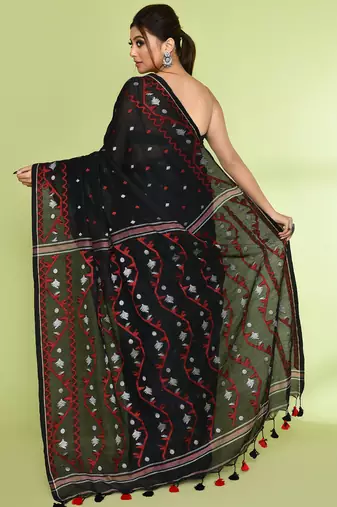 Women's black embellished jamdani cotton saree