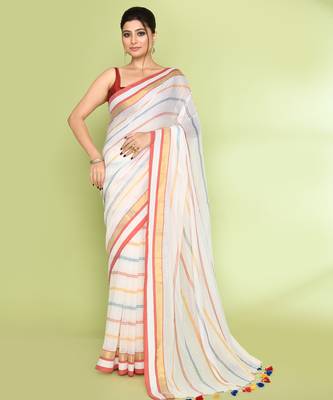 Women's white embellished checked cotton saree 1