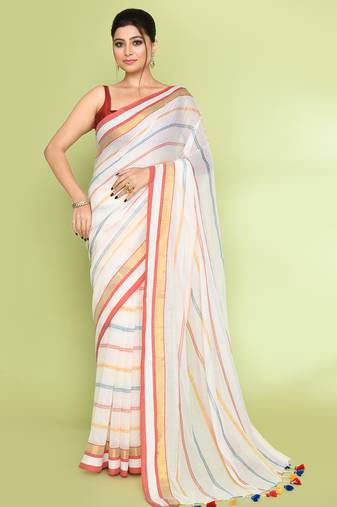 Women's white embellished checked cotton saree
