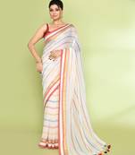 Women's white embellished checked cotton saree