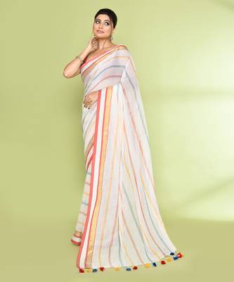 Women's white embellished checked cotton saree 2