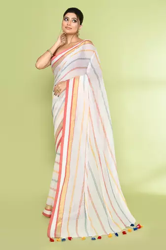 Women's white embellished checked cotton saree