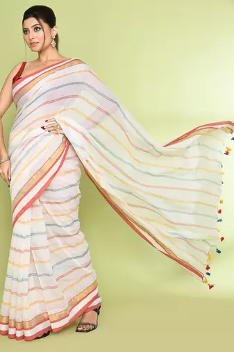 Women's white embellished checked cotton saree