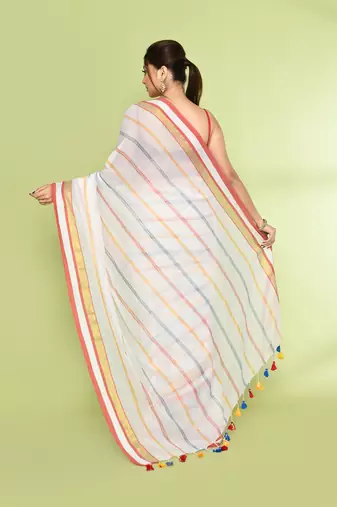 Women's white embellished checked cotton saree