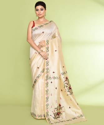 women's beige embellished embroidery art silk saree 1