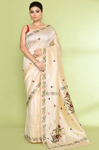women's beige embellished embroidery art silk saree
