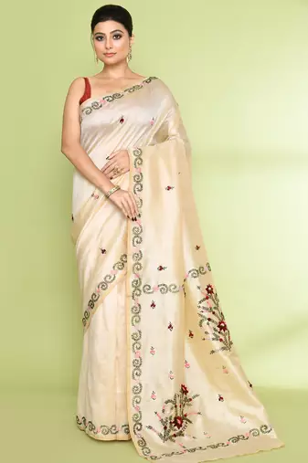 women's beige embellished embroidery art silk saree