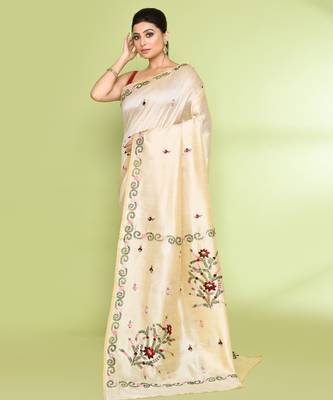 women's beige embellished embroidery art silk saree 2