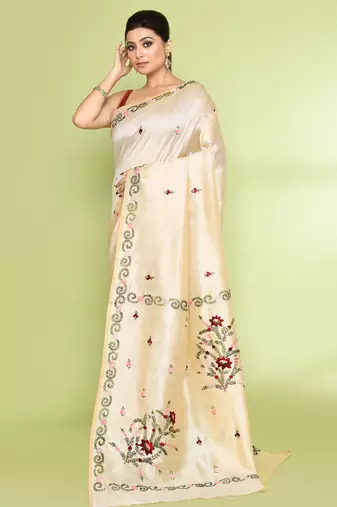 women's beige embellished embroidery art silk saree