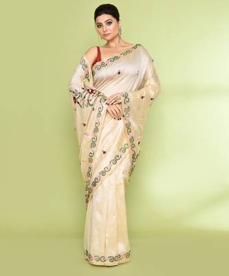 women's beige embellished embroidery art silk saree 3