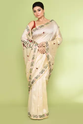 women's beige embellished embroidery art silk saree