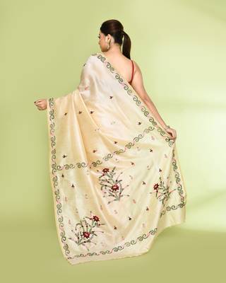 women's beige embellished embroidery art silk saree 4