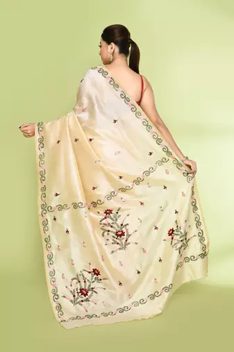 women's beige embellished embroidery art silk saree