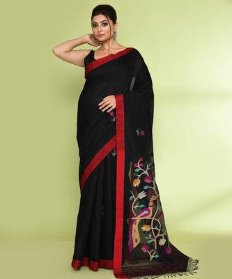 women's black embellished matka silk blend jamdani saree 1