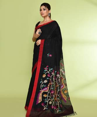women's black embellished matka silk blend jamdani saree 2