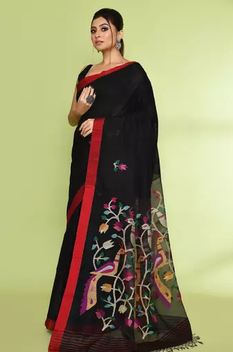 women's black embellished matka silk blend jamdani saree