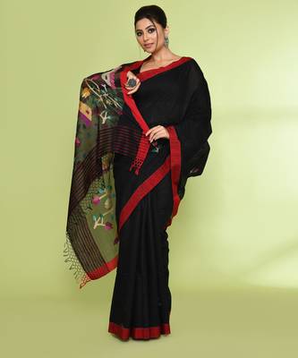 women's black embellished matka silk blend jamdani saree 3
