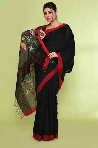 women's black embellished matka silk blend jamdani saree