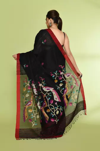 women's black embellished matka silk blend jamdani saree
