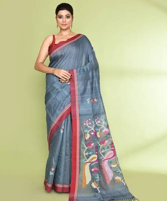 women's blue grey embellished matka silk blend jamdani saree 1