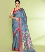 women's blue grey embellished matka silk blend jamdani saree