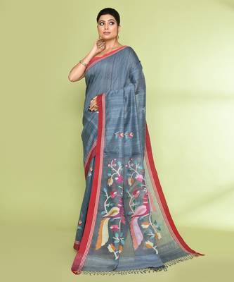 women's blue grey embellished matka silk blend jamdani saree 2