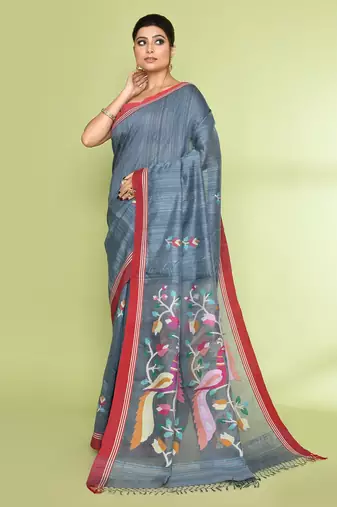 women's blue grey embellished matka silk blend jamdani saree